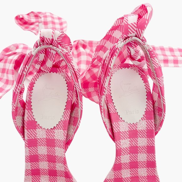 Louboutin Sandale Du Desert 100 EU 39 US 9 Pink Gingham Ankle Wrap High Heel - Picture 11 of 11